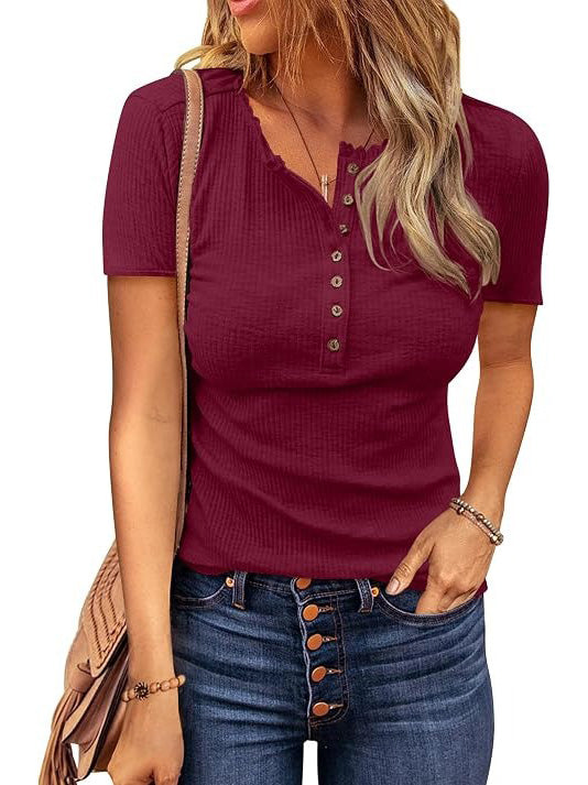 Women's Half Button Ribbed Casual Summer Blouse