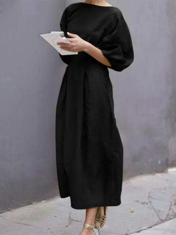 Women's Crew Neck Batwing Sleeve Pleated Midi Dress