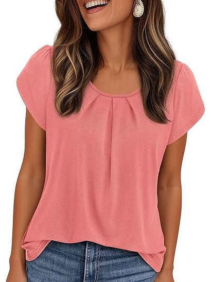 Summer Pleated Neck Short Sleeve Loose Casual Blouse