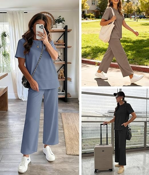 Women's Basic Short Sleeve Wide Leg Pant Set