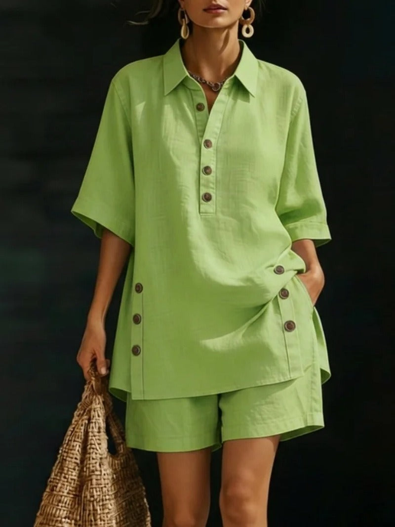 Women's Linen Button Matching Short Set