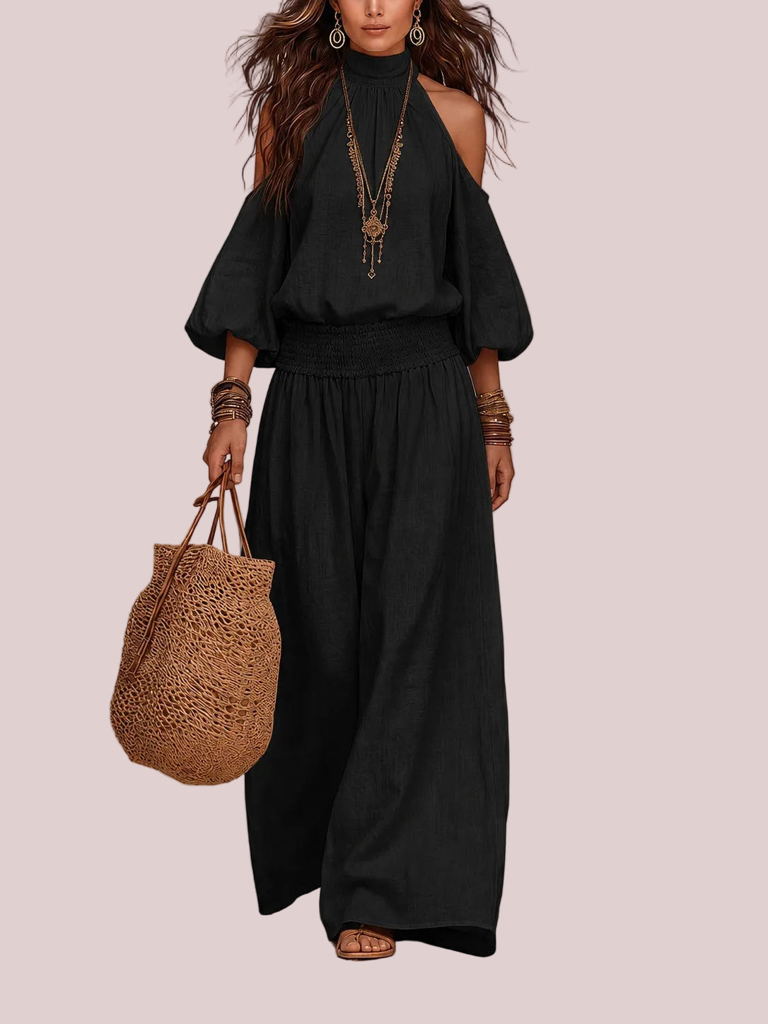 Women's High Neck Puff Sleeve Vacation Matching Outfit