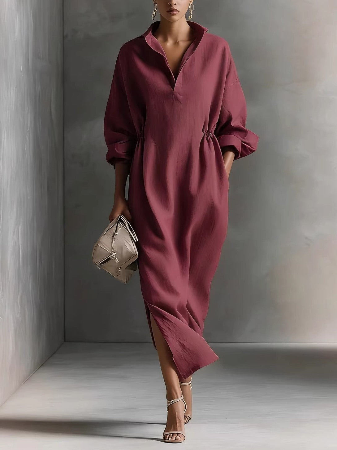 Women's Linen Blend V Neck Shirt Midi Dress