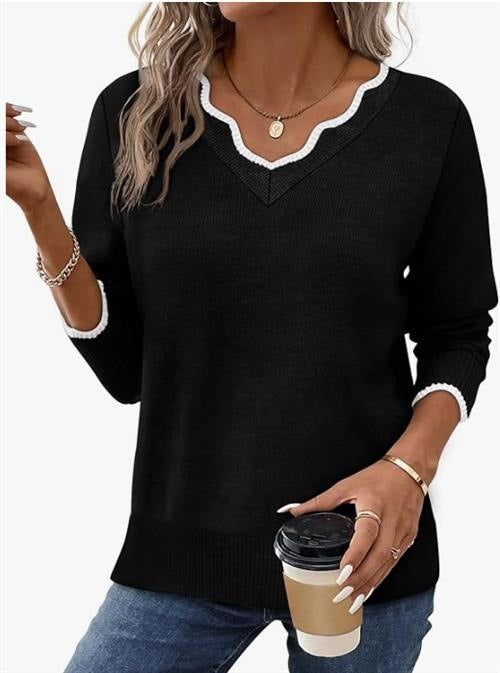 Women's Scalloped Trim V Neck Knit Sweater