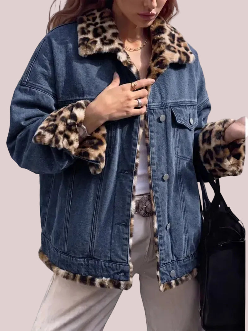 Women's Reversible Denim & Leopard Print Patchwork Denim Jacket