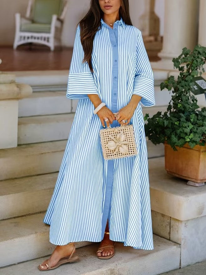 Women's Striped Button-Down Shirt Maxi Dress
