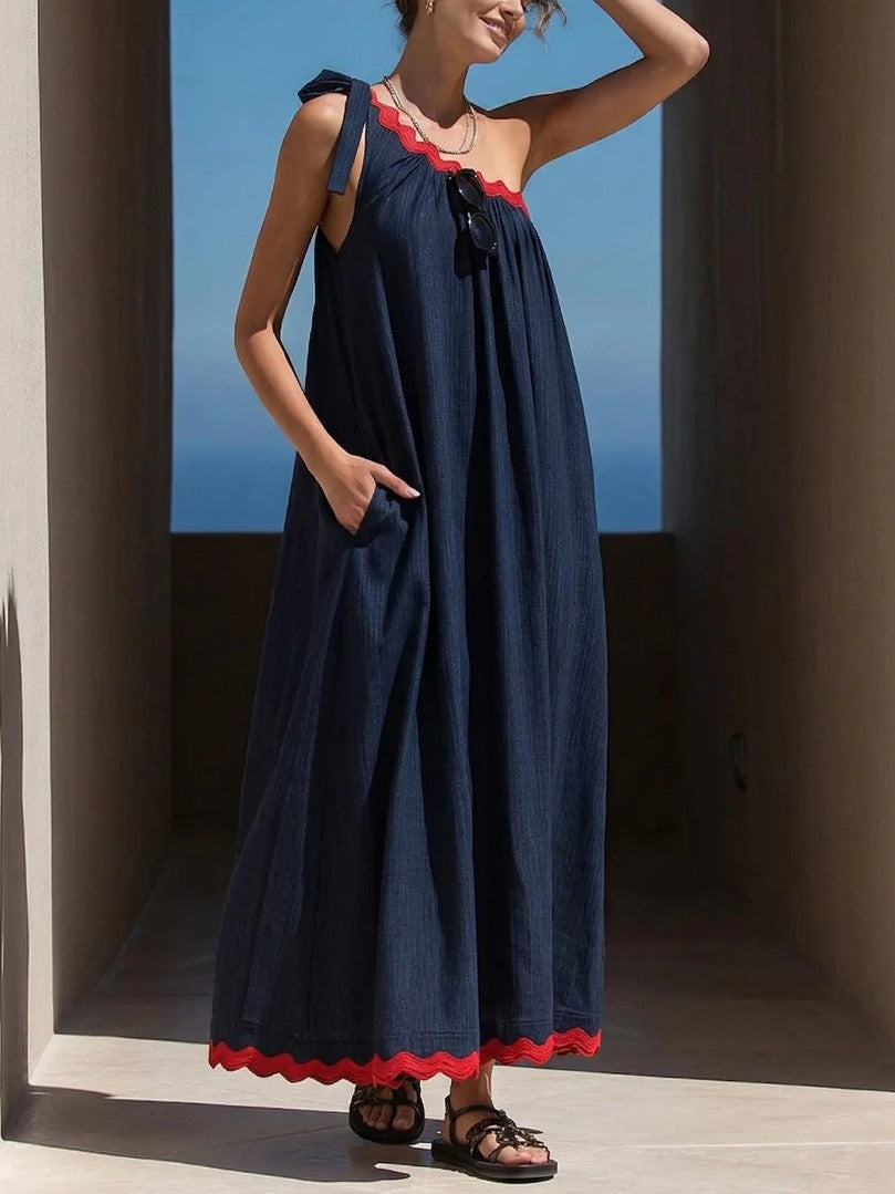 One Shoulder Bow Maxi Dress with Red Scalloped Trim