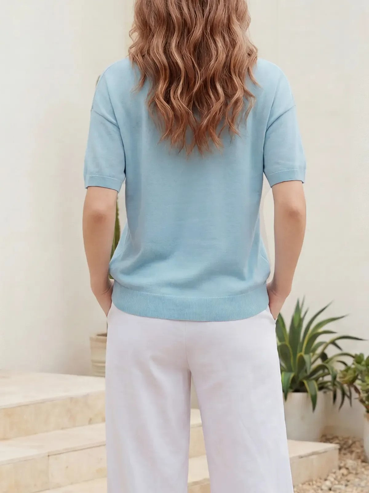 Women's Everyday Contrast Trim V Neck Knit Short Sleeve Blouse