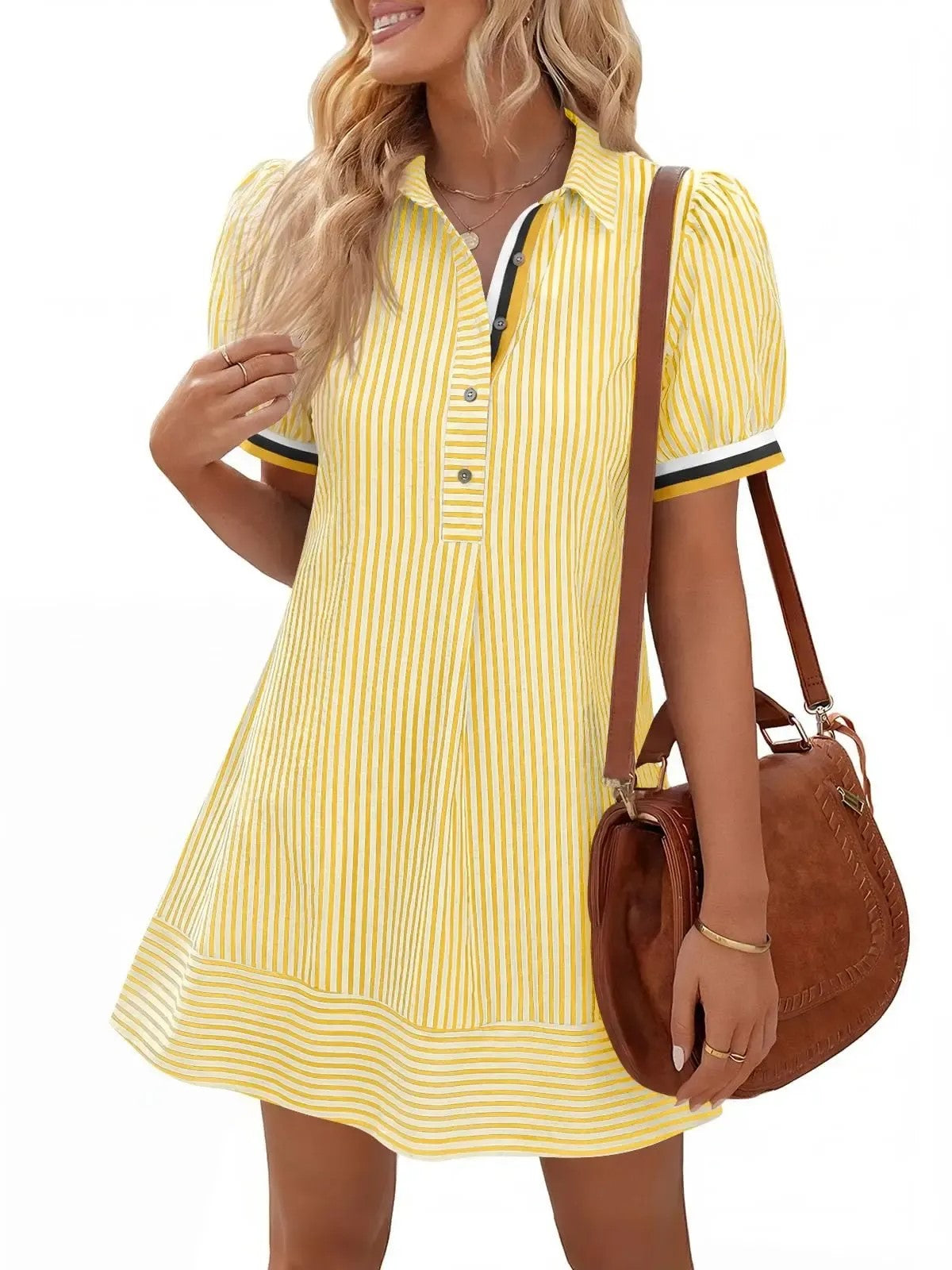 Women's Striped Collared Puff Sleeve Mini Shirt Dress