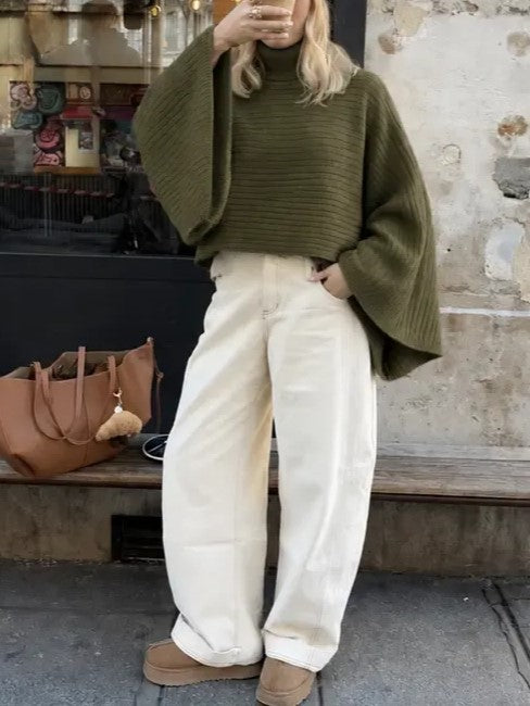 Women's Turtleneck Batwing Sleeve Knit Poncho Sweater