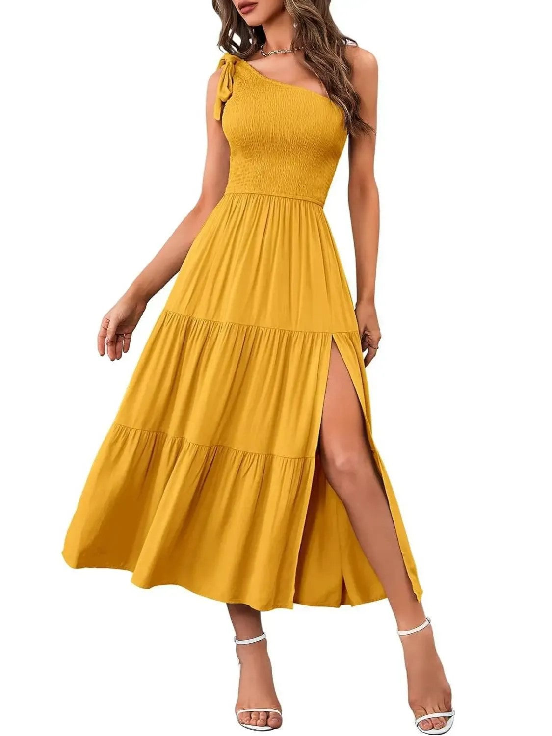 Bohemian Flowy Smocked Side Split Midi Dress