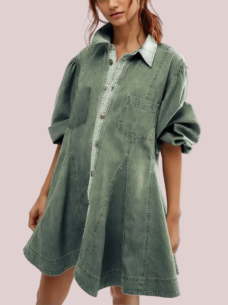 Women's Vintage Puff‑Sleeve Button‑Front Shirt Dress
