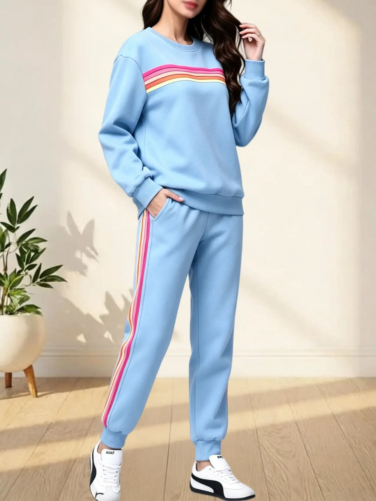 Women's Retro Striped Long Sleeve Sweat Top & Jogger Pants Two‑Piece Set