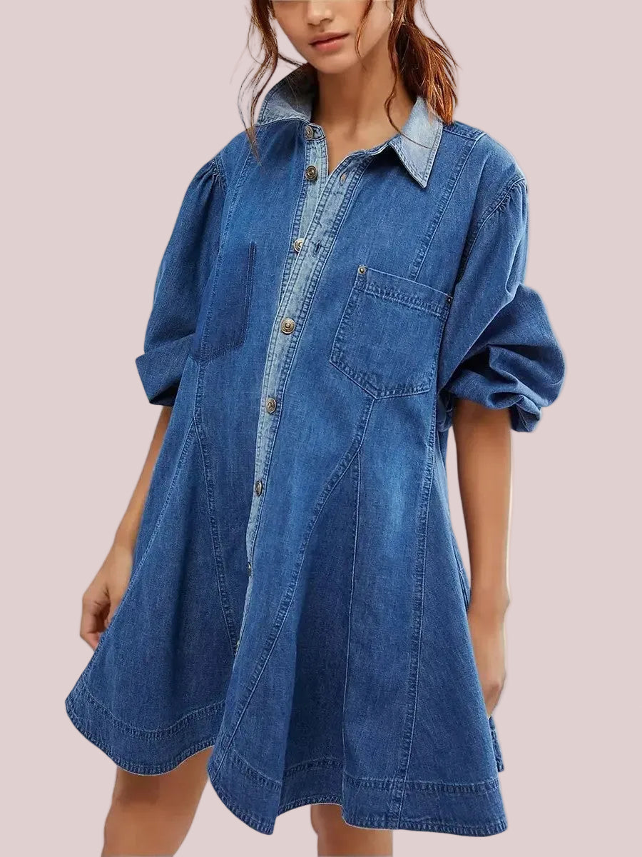 Women's Vintage Puff Sleeve Denim Dress
