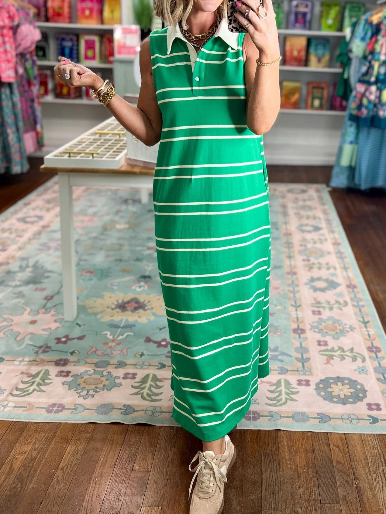 Women's Polo Collar Sleeveless Striped Long Dress