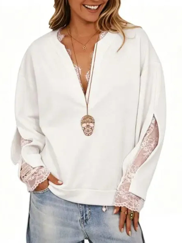 Women's Lace Patchwork Mock 2 Piece V Neck Top