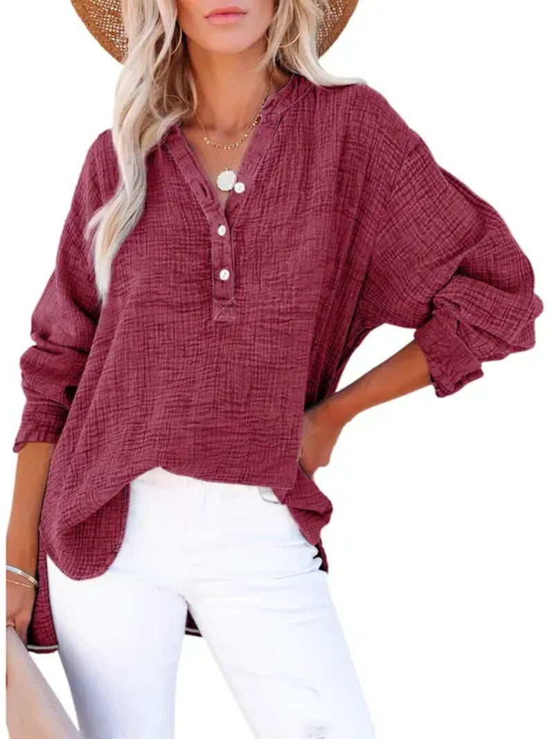 Women's Oversized Henley V Neck Long Sleeve Blouse