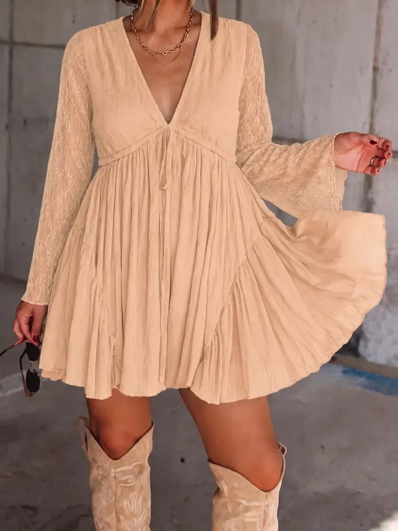 Women's V Neck Long Sleeve Dress with Pants Lining