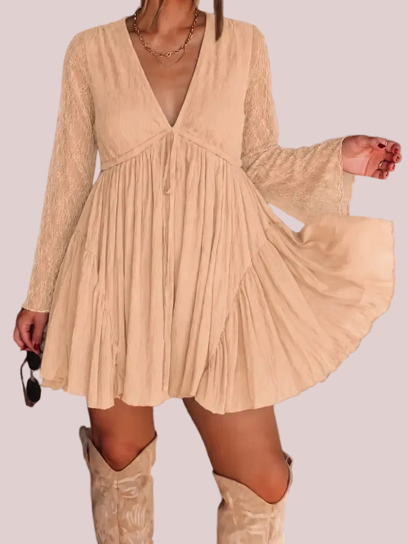 Women's V Neck Long Sleeve Dress with Pants Lining