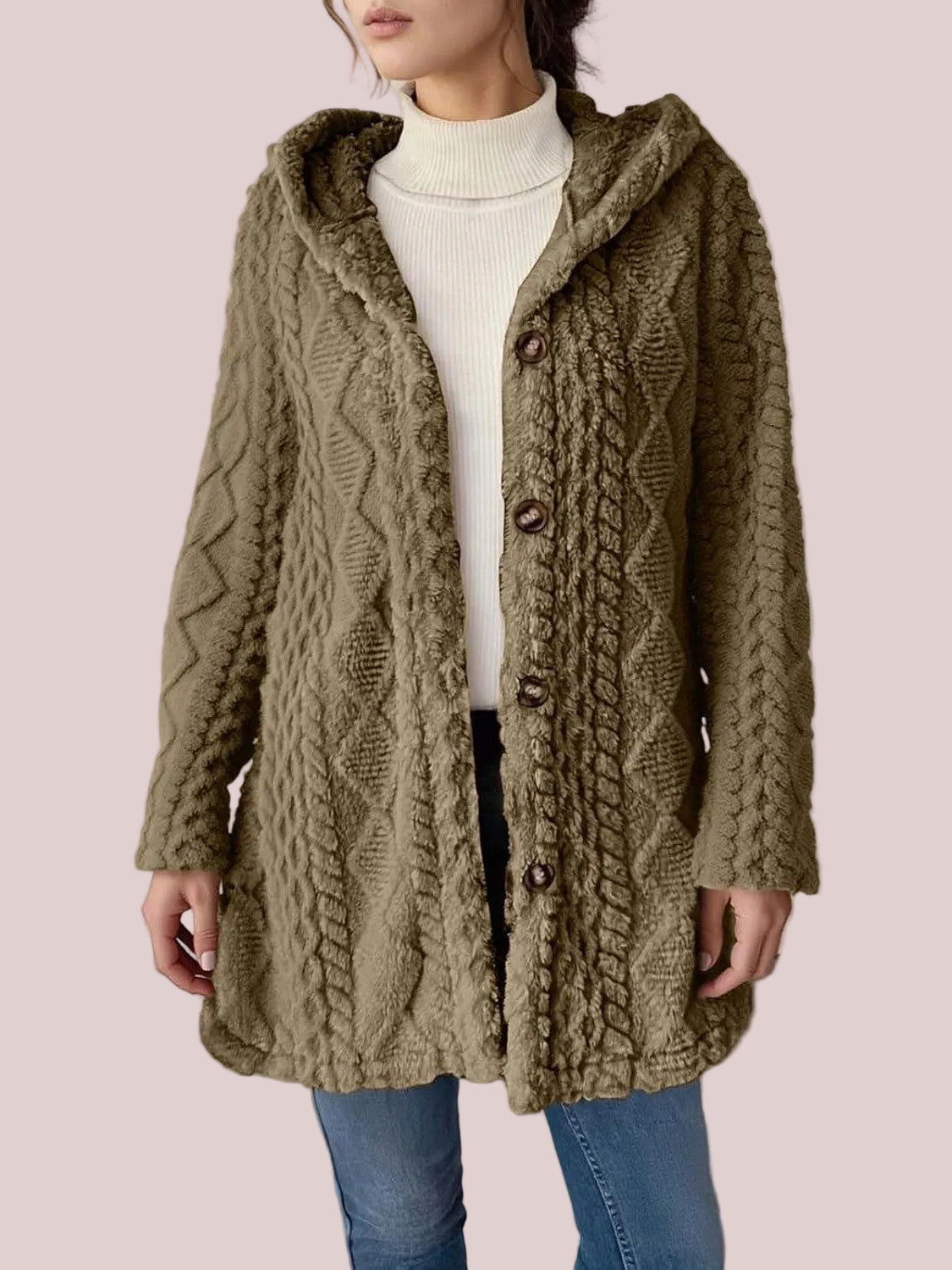 Women's Fuzzy Teddy Hooded Coat with Side Decor Buttons