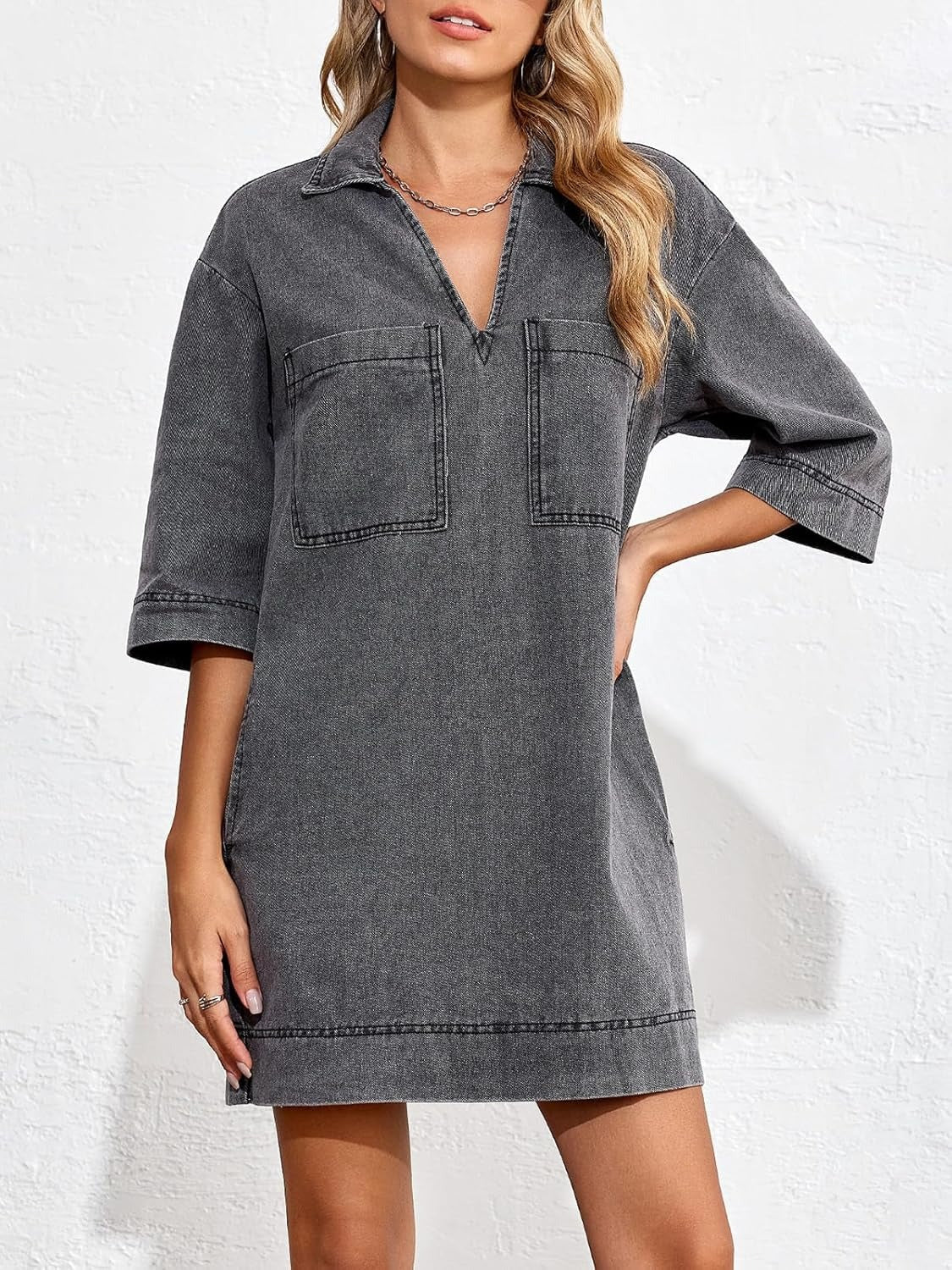 Women's Casual Denim Dress with Front Pockets