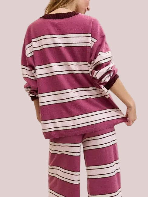 Women's Retro Striped Long Sleeve Wide Leg Loungewear 2 Piece Set