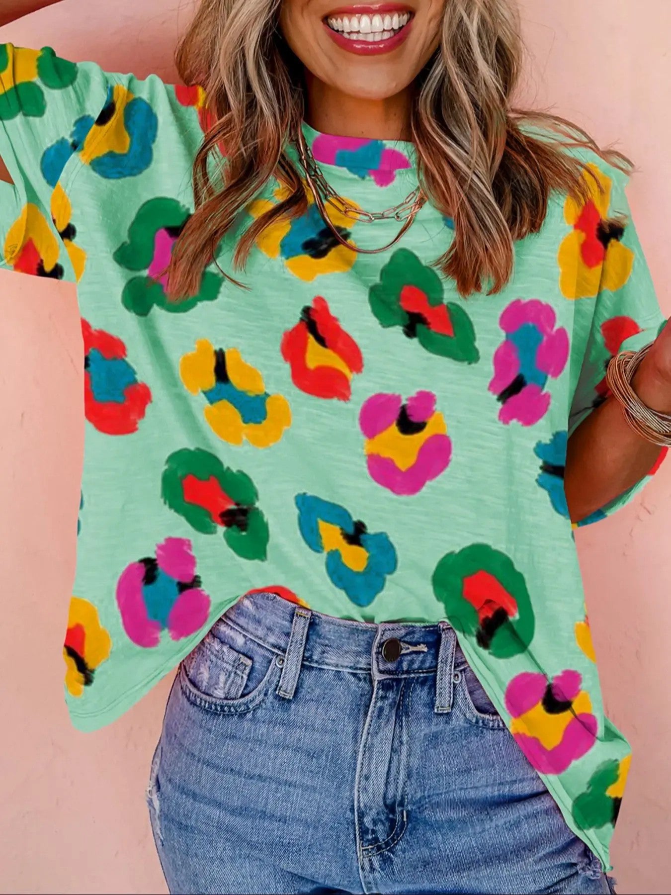 Women's Colorful Leopard Print Short Sleeve T-Shirt