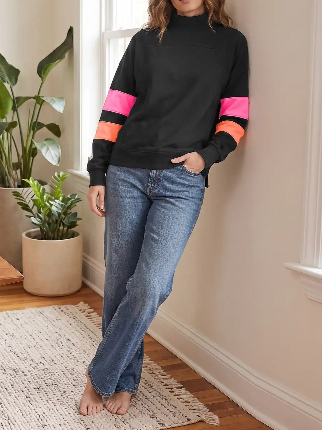 Women's Mock Neck Color Block Oversized Sweatshirt
