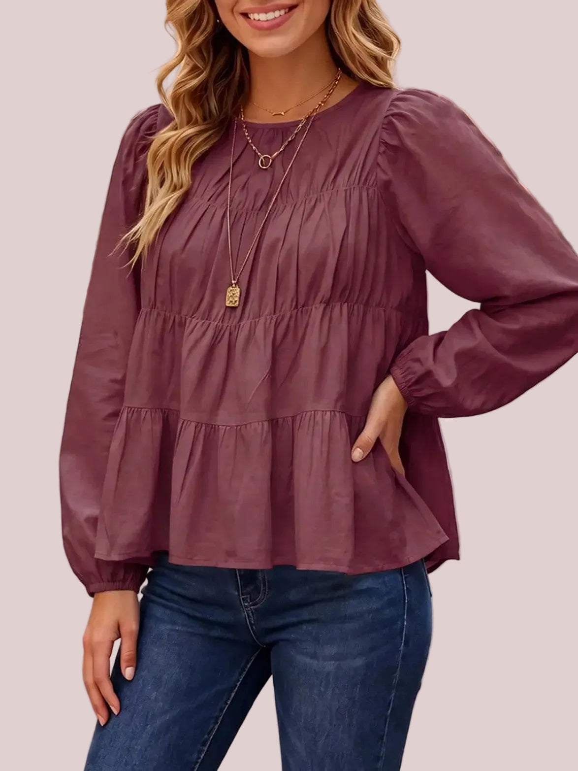 Women's Puff Long Sleeve Pleated Peplum Babydoll Blouse