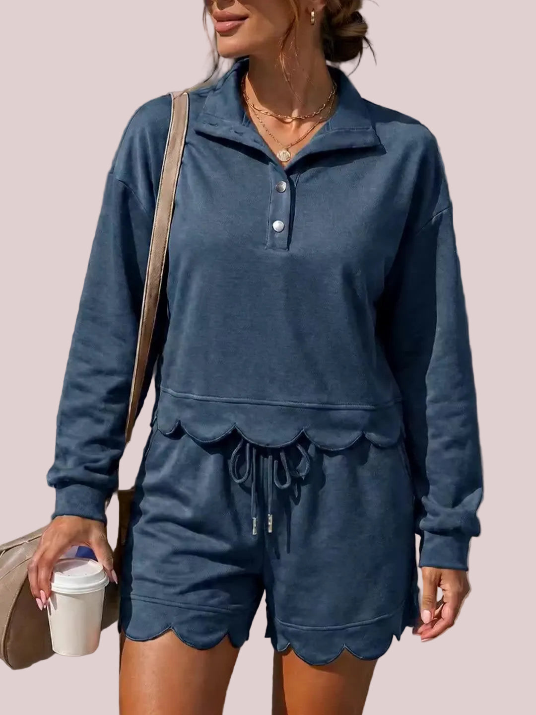Women's Scallop Hem Half Zip Sweatshirt Shorts Set