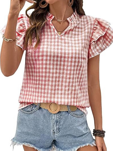 Women's Gingham V Neck Ruffle Sleeve Blouse