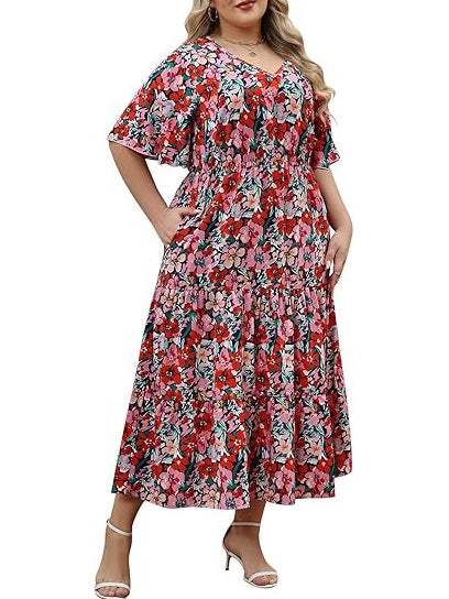 Boho Printed Empire Waist Plus Size Midi Dress