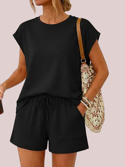Women's 2-Piece Crew Neck Cap Sleeve Short Set with Pocket