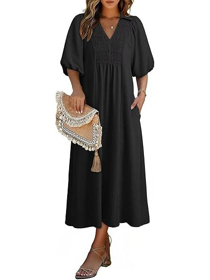 Women's V-Neck Puff Sleeve Maxi Dress