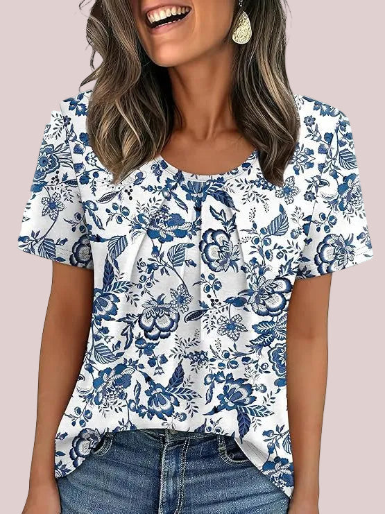 Summer Pleated Neck Short Sleeve Loose Casual Blouse