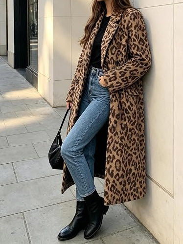 Women's Soft Leopard Print Long Trench Coat