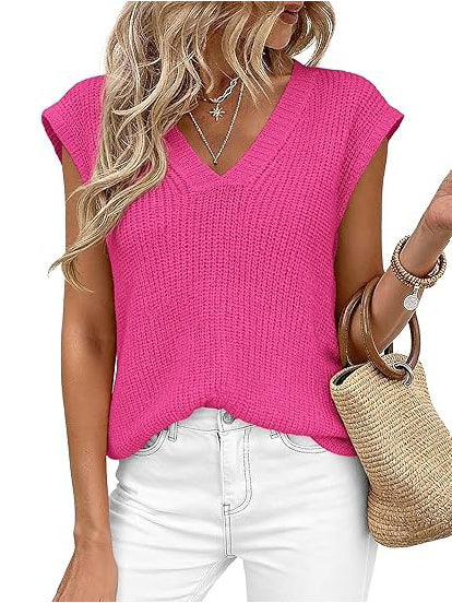 Women's V-Neck Knit Cap Sleeve Sweater Vest