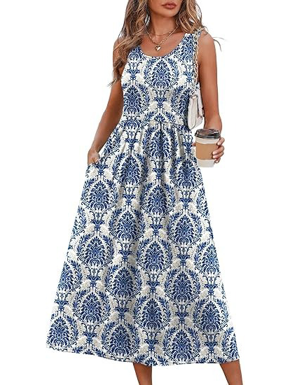 Women's Flowy Casual Midi Dress with Pockets
