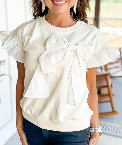 Women's Contrast Ribbon Bow Ruffle Sleeve Top