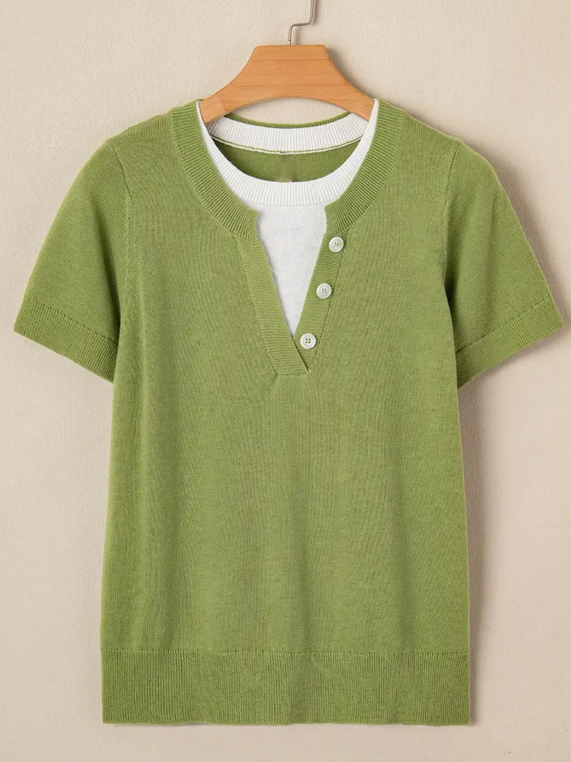 Women's Everyday Contrast Trim V Neck Knit Short Sleeve Blouse