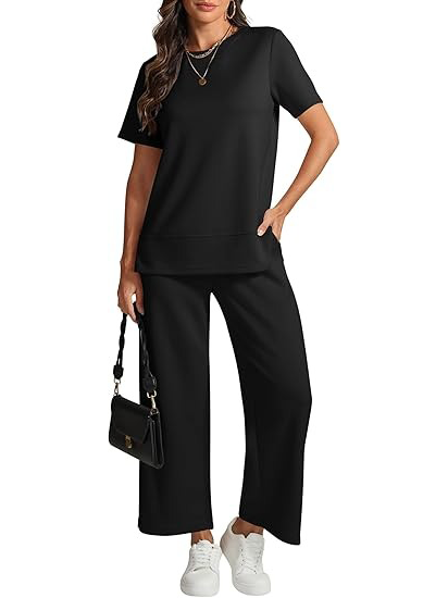 Women's Basic Short Sleeve Wide Leg Pant Set