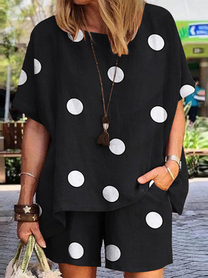 Dot Print Half Sleeve Elastic Waist Suit For Women