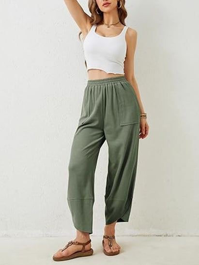 Women's Elastic Waist Wide Leg Harem Pants with Pockets