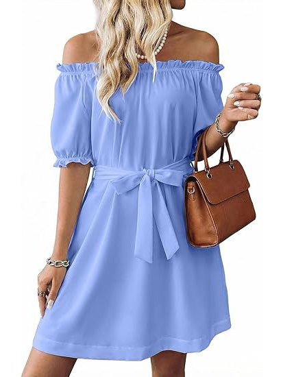Women's Off The Shoulder Ruffle Sleeve Belted Dress