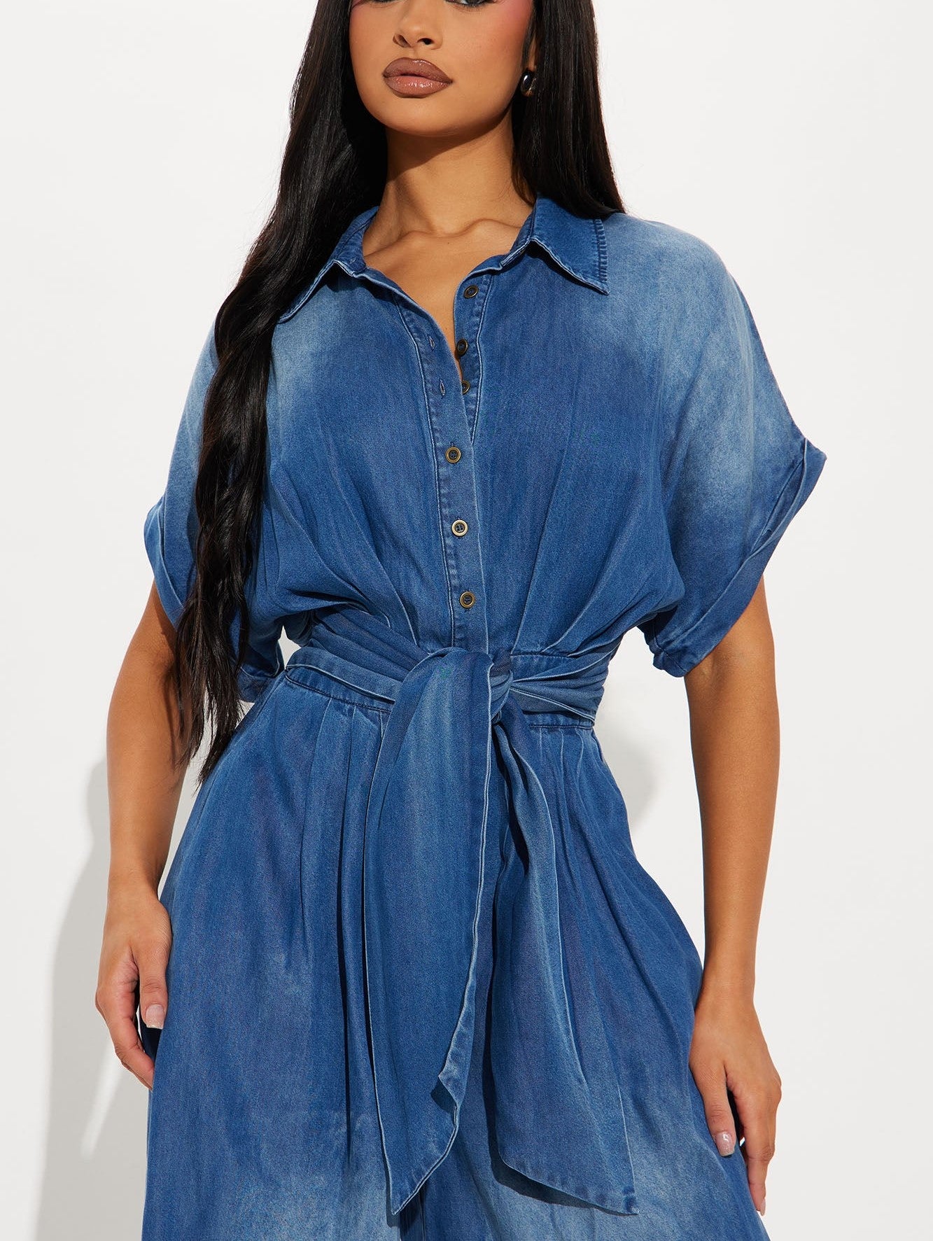 Women's Tie-Waist Wide-Leg Denim Jumpsuit