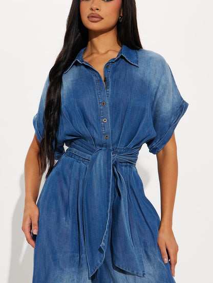 Women's Tie-Waist Wide-Leg Denim Jumpsuit