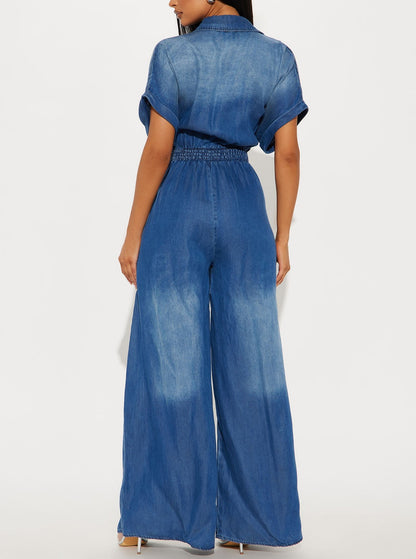 Women's Tie-Waist Wide-Leg Denim Jumpsuit