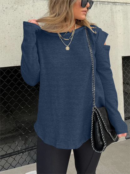 Cut Out Sleeve Raw Edge Solid Sweatshirt