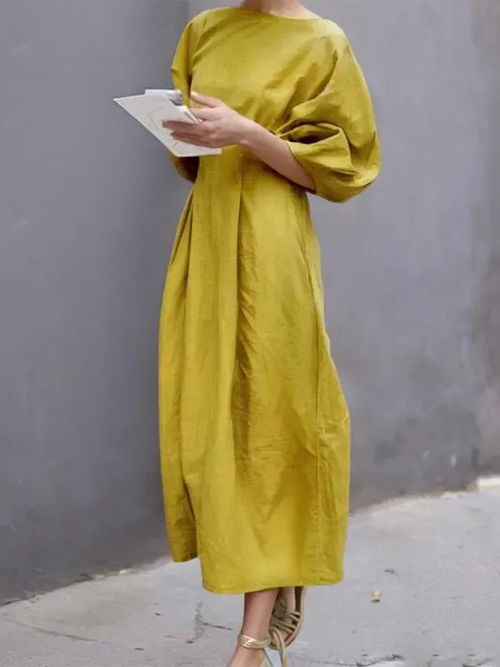 Women's Crew Neck Batwing Sleeve Pleated Midi Dress