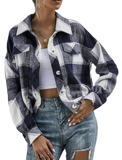 Women's Flannel Plaid Button Down Cropped Jacket